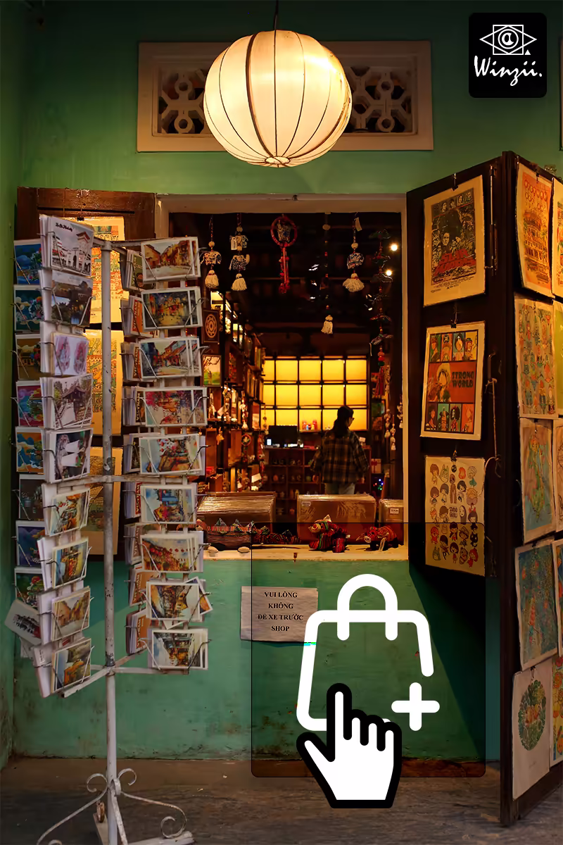 Une petite boutique de souvenirs avec un symbole de panier et un curseur de souris dessus